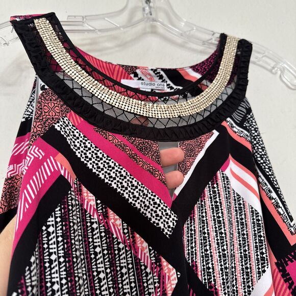 Women’s Liquid Knit Dress Embellished Multicolor Long Sleeveless Geometric Sz L - Picture 2 of 16